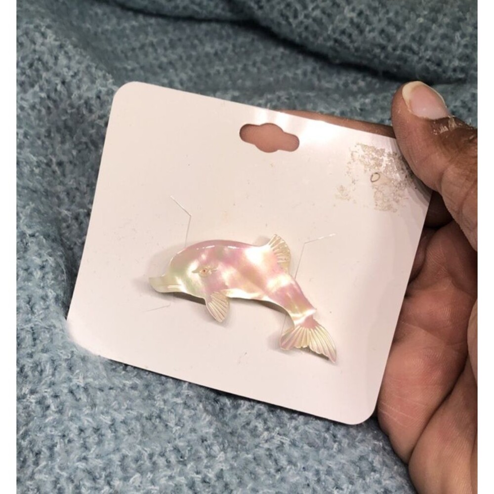 Iridescent Pink Mother of Pearl White Dolphin Brooch Pin Coastal Mermaidcore
